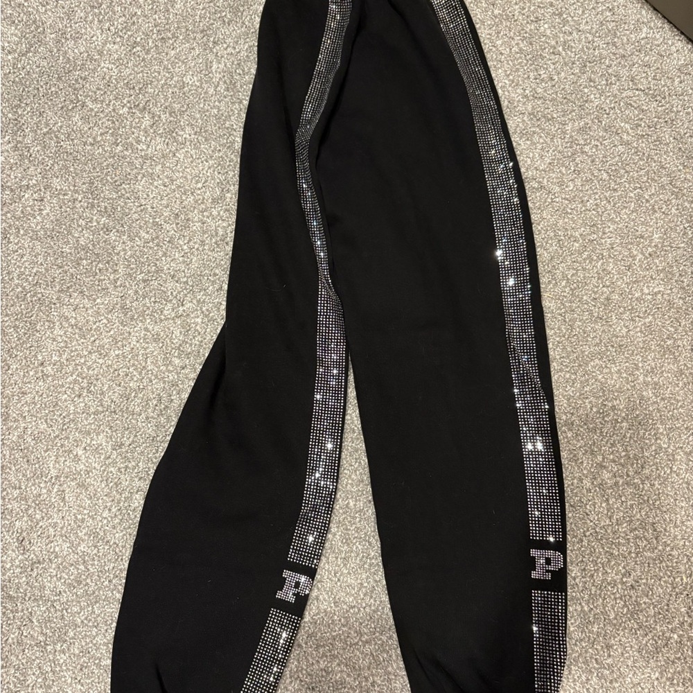 PINK Victoria's Secret Black Joggers with Glittering Silver Accents
